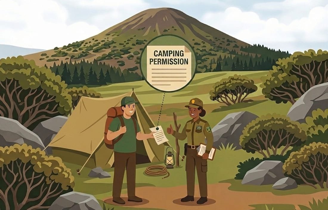 A camper showing his approved camping permit to an IFCN forest guard next to an official campsite fireplace in Madeira