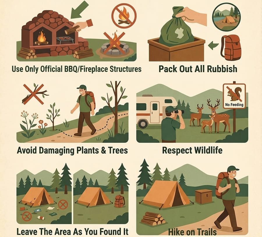 Camping rules in Madeira: use only official BBQ/fireplace structures, pack out all rubbish, avoid damaging plants and trees, respect wildlife, leave the area as you found it, hike on trails